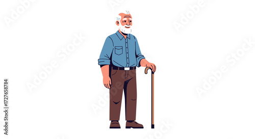 Elderly Man with White Hair and Beard Holding a Walking Stick.