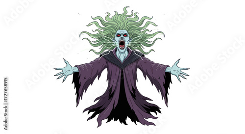 Screaming Ghost with Wild Hair and Outstretched Arms.