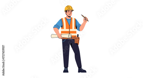 Cartoon Male Construction Worker with Hard Hat Safety Vest Blueprints and Trowel.