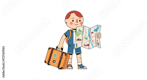 Cheerful young boy with backpack and suitcase holding a map ready for adventure.