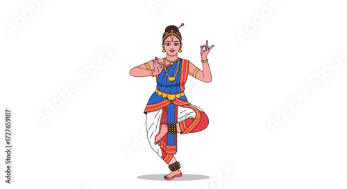 Colorful illustration of a female Indian classical dancer in a traditional Bharatanatyam pose.