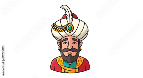 Cartoon Illustration of a Regal Ottoman Sultan with Turban.