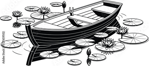 A classic wooden rowboat floats peacefully amidst blooming water lilies on a calm lake surface