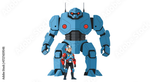 Blue Armored Robot with Pilot Figure Futuristic Design.