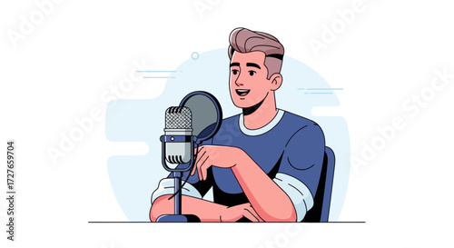 Young Man Speaking into Vintage Microphone for Podcast or Broadcast.