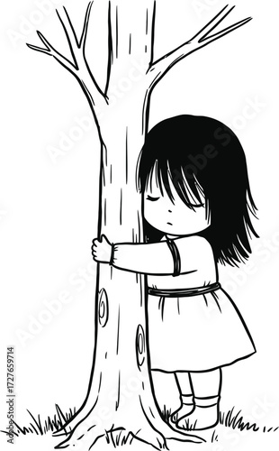 Cute cartoon girl hugging a tree with her eyes closed in a peaceful forest setting