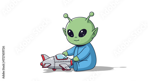 Adorable cartoon baby alien in a blue suit sitting and playing with a small toy airplane.