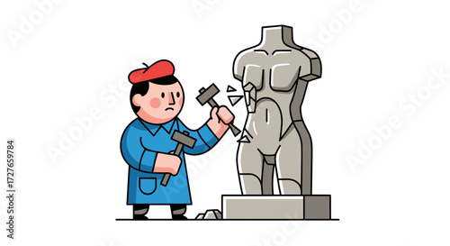 Cartoon artist sculpting a classical stone torso with hammer and chisel.