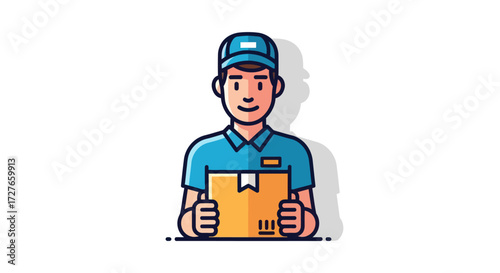 Friendly Delivery Person Holding Cardboard Box.