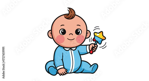 Adorable baby in blue romper holding a colorful rattle toy.