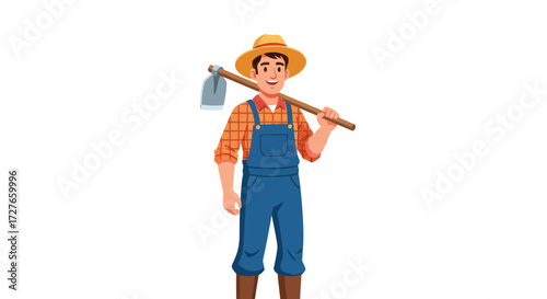 Cartoon Male Farmer with Straw Hat and Hoe in Blue Overalls.