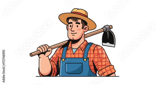 Smiling Cartoon Farmer with Hoe over Shoulder.