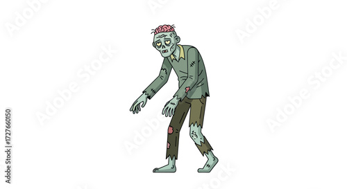 Cartoon illustration of a walking zombie with tattered clothes and exposed brain.