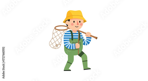 Smiling cartoon boy in yellow hat and green overalls carrying an insect net.