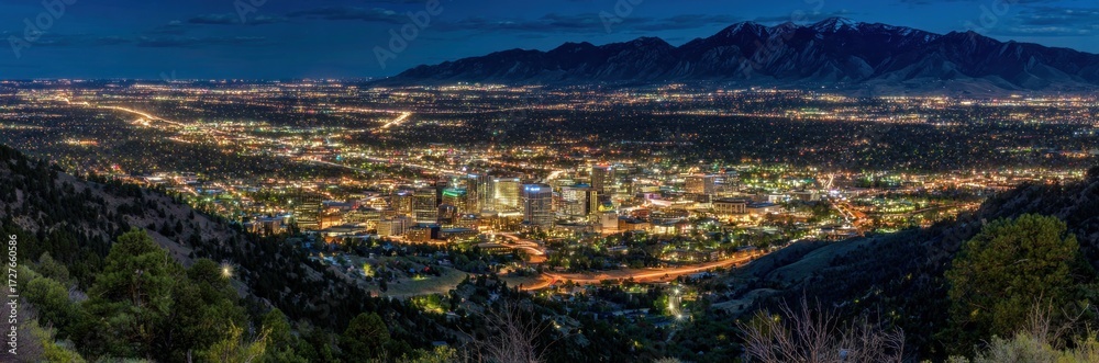 Obraz premium A panoramic nighttime view of a vibrant city nestled in a valley, illuminated by countless lights, with a backdrop of snow-capped mountains.