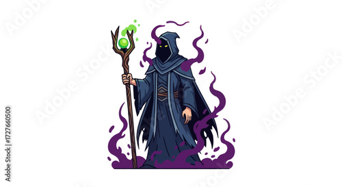 Mysterious Dark Wizard Holding Staff with Glowing Orb.