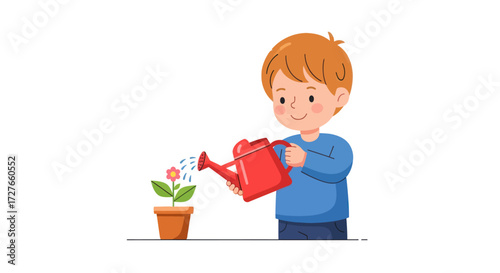 Boy Watering a Plant with a Red Watering Can.