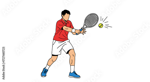 Illustration of a male padel player in a red shirt hitting the ball with a racket.