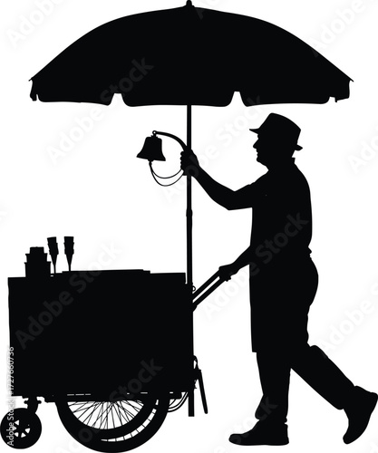 Silhouette of Ice Cream Vendor Pushing Cart with Umbrella and Bell – Classic Street Scene for Summer, Urban, and Cultural Concepts