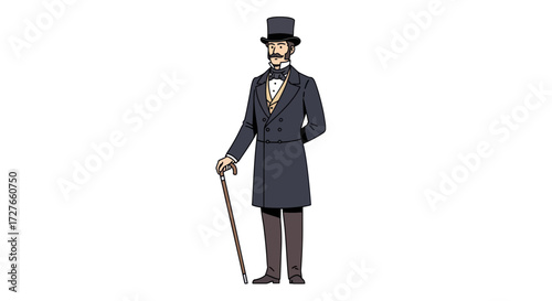 Gentleman in Victorian Formal Attire with Top Hat and Cane.