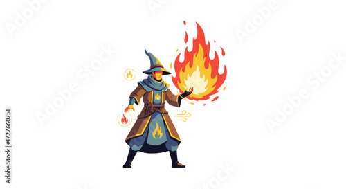 Cartoon Wizard Casting a Fire Spell with Pointed Hat and Robes.
