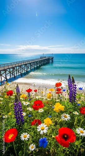 Seascape with flowers and pier under a clear blue sky on a sunny day in summer time