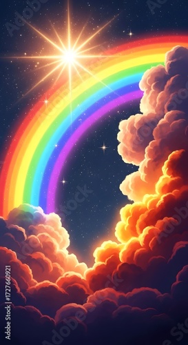 Rainbow and clouds in the night sky with a bright star shining above it all