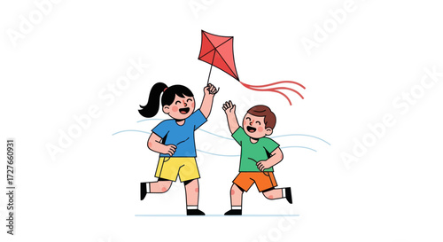 Two happy children joyfully flying a red kite outdoors.