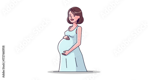 Pregnant Woman in Light Blue Dress Cartoon Style Illustration.