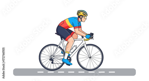 Male cyclist in colorful jersey riding a road bicycle.