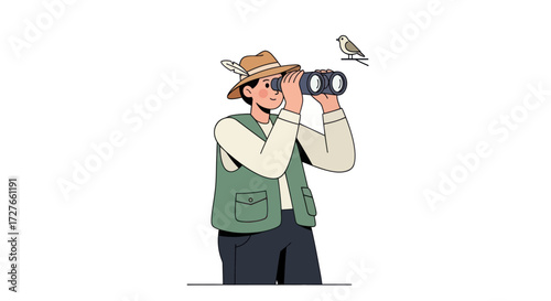 Illustrated birdwatcher character in a safari hat and vest looking through binoculars.