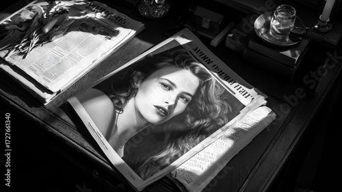 A magazine lies on the table with text and image on the magazine. Flowers rest alongside the magazine with shadows on the flowers. Light and glass create reflections near the magazine.