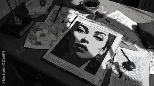 A newspaper, pen, and sunglasses are resting on the table with light casting shadows on the newspaper. A book, cup, and another newspaper are placed near the table's edges. Papers with floral