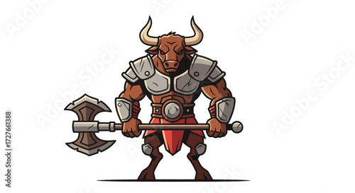 Cartoon Minotaur Warrior with Axe Wearing Armor.