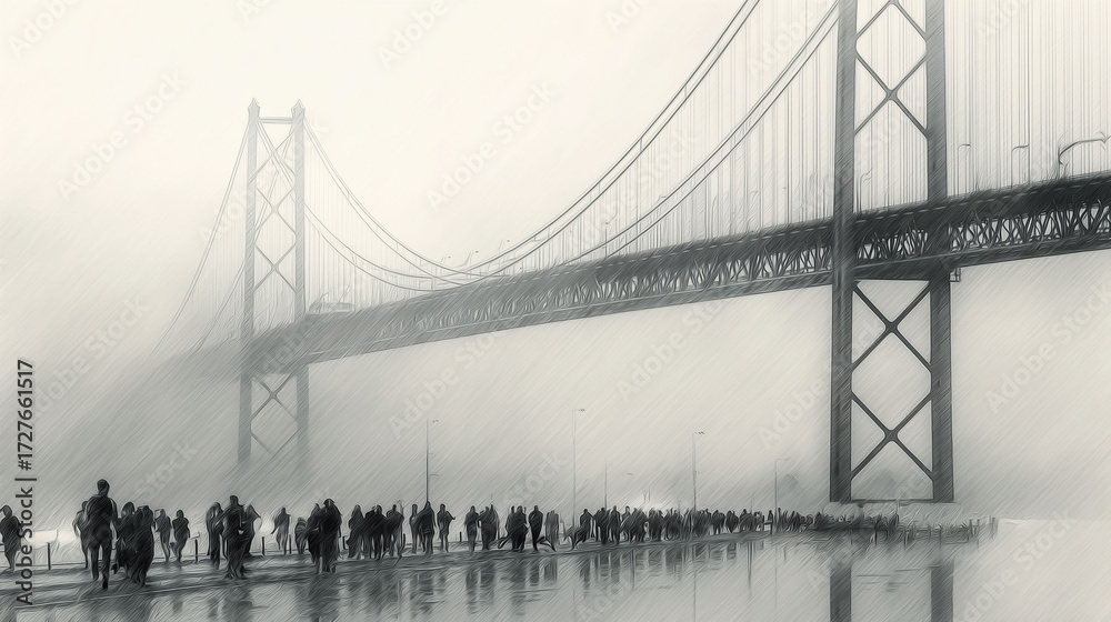 Obraz premium Pedestrians walk beside the bridge as shadows of pedestrians stretch along the pathway. Fog envelops pedestrians, making the bridge obscure but visible. Reflections of pedestrians appear on the wet