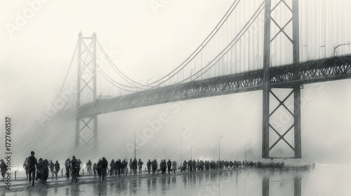 Pedestrians walk beside the bridge as shadows of pedestrians stretch along the pathway. Fog envelops pedestrians, making the bridge obscure but visible. Reflections of pedestrians appear on the wet