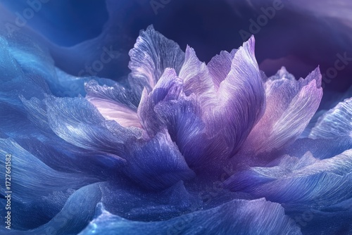 Abstract floral artwork depicting a vibrant, textured flower in shades of purple and blue, resembling soft fabric.