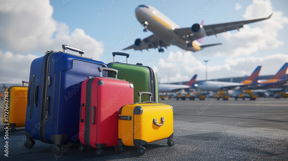 Fototapeta premium Colorful suitcases at airport airplane taking off travel