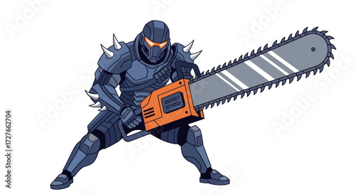 Futuristic Warrior in Armored Suit Holding a Giant Chainsaw.