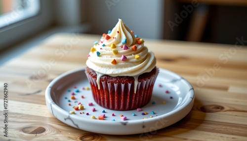 Colorful Cupcake with Vanilla Icing White Plate