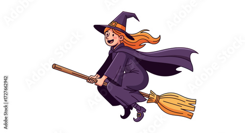 Happy cartoon witch with orange hair flying on a broomstick.