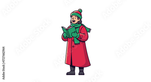 Cartoon Illustration of a Christmas Caroler Singing Joyfully.