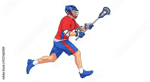 Athletic Male Lacrosse Player in Action with Stick and Helmet.