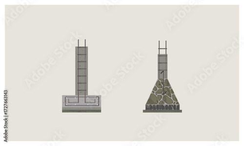 Structural foundation cross section with concrete footing and stone masonry clean vector illustration
