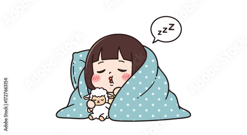 Adorable Cartoon Child Sleeping Peacefully Under a Blue Polka Dot Blanket with a Sheep Toy.
