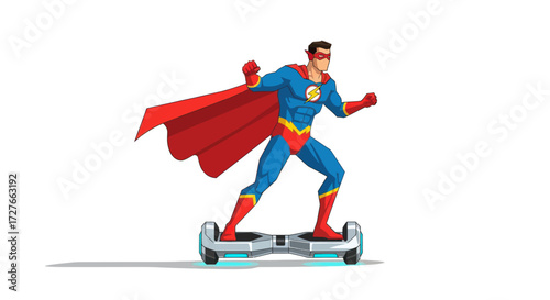 Dynamic Superhero in Classic Costume Riding a Hoverboard.