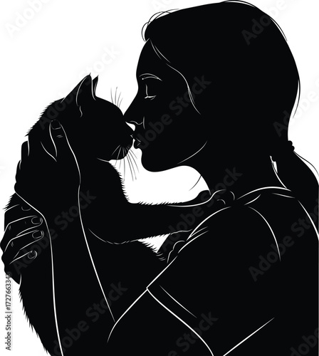 Silhouette of a woman gently kissing her beloved cat on the nose with affection and care