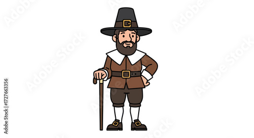 Cartoon Pilgrim Man in Traditional Clothing.