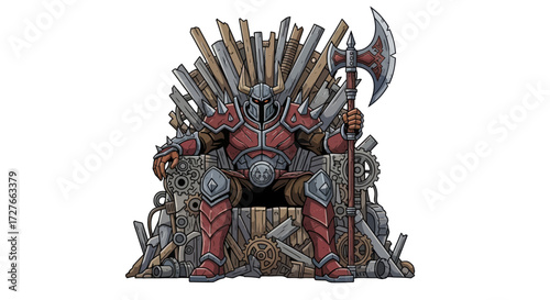 Crimson-Armored Orcish Warlord Enthroned on Weapon Throne.