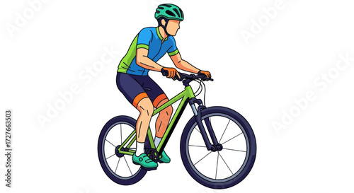 Athletic cyclist in colorful gear riding a mountain bike.